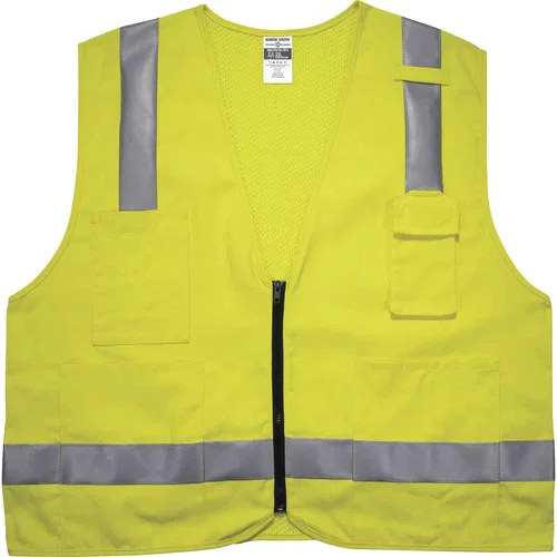 Ergodyne GloWear Safety Vest, Hi-Vis Lime, Flame-Resistant Class 2, NFPA 70E Compliant, Mesh Back, Small/Medium, Mic Tab, Phone and Pen Pockets