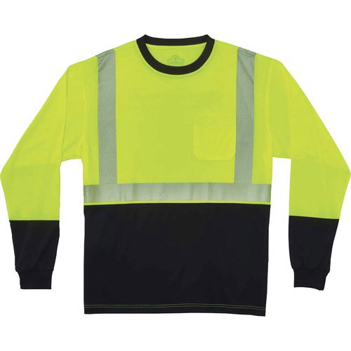 Ergodyne GloWear T-Shirt, XL, Type R Class 2, Long Sleeve, Lime/Black, Polyester, 3M Scotchlite 2 in Trim, Chest Pocket, Moisture-Wicking, UPF 30