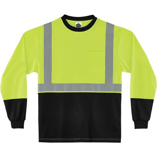 Ergodyne T-Shirt, GloWear, Type R Class 2, Hi-Vis Long Sleeve, XL, Polyester, Lime/Black, UV Resistant, Front Pocket, 2" Reflective