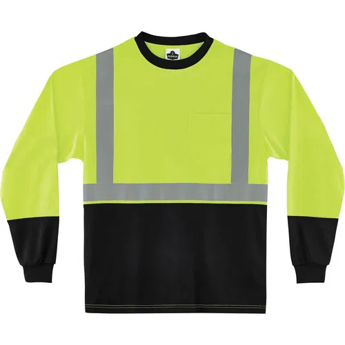 Ergodyne GloWear T-Shirt, ANSI Type R Class 2, Long Sleeve, 2XL, Lime/Black, Polyester, Breathable Moisture-Wicking, 30+ UPF, Front Pocket
