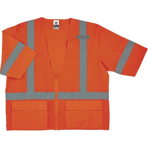 Ergodyne Safety Vest, GloWear, Type R Class 3, 2X/3X, Orange Polyester Mesh, Zipper Closure, 2 in Reflective Tape, Pocket, Mic Tab