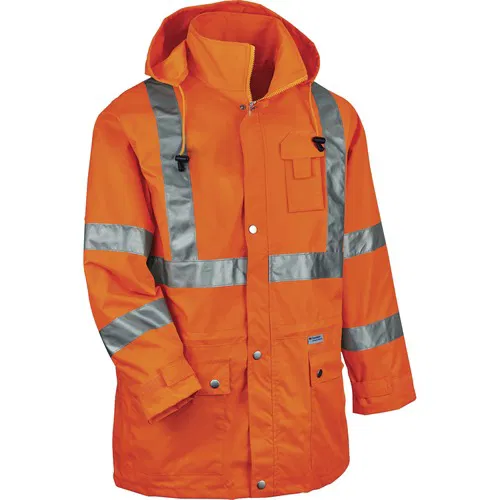 Ergodyne, Raincoat, GloWear, Type R, Class 3, 4X-Large, Orange, 2 in 3M Scotchlite Tape, Inset Hood, Mic Tabs