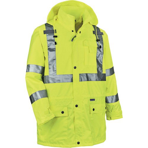Ergodyne GloWear Raincoat, Type R Class 3, Lime Hi-Vis, Waterproof Breathable Polyurethane Shell, 2" 3M Reflective Tape, Inset Hood, 2X-Large