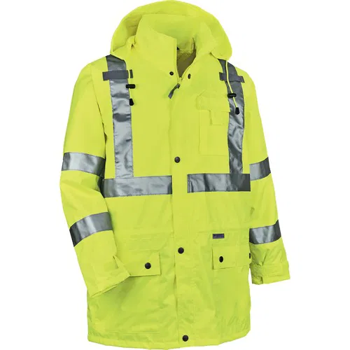 Ergodyne GloWear Rain Jacket, Type R Class 3, Hi-Vis Lime, 3X-Large, Breathable, Waterproof, Inset Hood, 2" 3M Reflective Tape, Mic Tabs