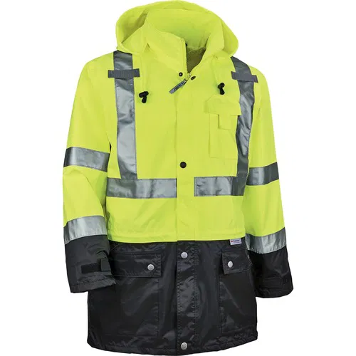 Ergodyne GloWear Raincoat, Type R Class 3 Front, Hi-Vis Lime, Large, 2" 3M Scotchlite Tape, Polyurethane Shell