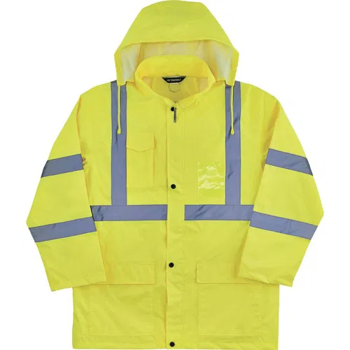 Ergodyne, Raincoat, GloWear, Hi-Vis Type R Class 3, Lime, 150D Oxford PU, 3M Scotchlite Reflective Tape, Vented Cape-Back, Hood, 2X-Large