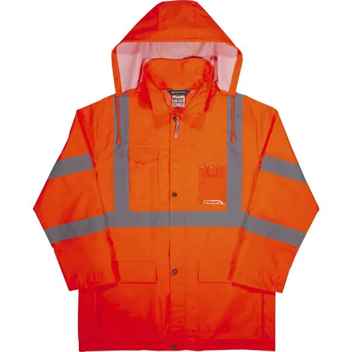 Ergodyne Hi-Vis Rain Jacket, GloWear, Type R Class 3, Small, Orange, 150D Oxford PU, Taped Seams, Vented Cape-Back, 3M Scotchlite Reflective Tape
