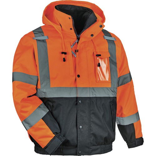 Ergodyne GloWear Safety Jacket, Hi-Vis 4-in-1 Bomber, Type R Class 3, XL, Orange, Detachable Hood, Zip-Out Liner, 2" Reflective Tape