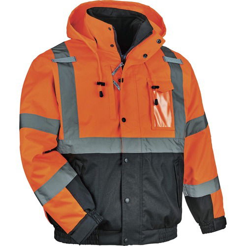 Ergodyne GloWear Safety Jacket, 4-in-1 Thermal Bomber, Type R Class 3 Hi-Vis, Orange/Black, Fleece Liner, Detachable Hood, 3M Scotchlite