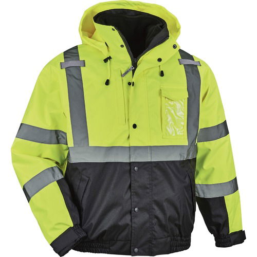 Ergodyne GloWear Safety Jacket, Hi-Vis 4-in-1 Bomber, Type R Class 3, Lime/Black, Fleece Liner, 2" Reflective Tape, Detachable Hood, Small
