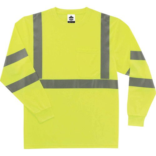 Ergodyne GloWear Safety T-Shirt, Long Sleeve Hi-Vis Lime, Type R Class 3, Large, Polyester, 3M Reflective Tape, Chest Pocket