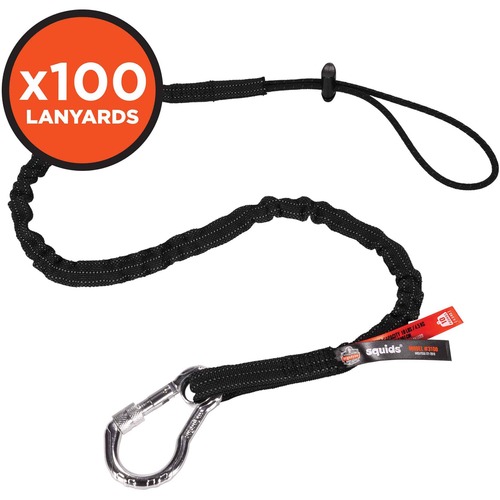 Ergodyne 3100-100pk Single Carabiner Tool Lanyard - 10lbs - Adjustable - 10 lb Load Capacity - Standard - Carabiner Attachment - 23.6" Height x 7.9" Width x 19.7" Length - Black - Aluminum, Nylon Webbing - 100 / Carton