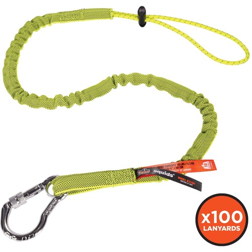 Ergodyne 3100-100pk Single Carabiner Tool Lanyard - 10lbs - 10 lb Load Capacity - Standard - Carabiner Attachment - 23.6" Height x 7.9" Width x 45" Length - Lime - Aluminum, Nylon Webbing - 100 / Carton