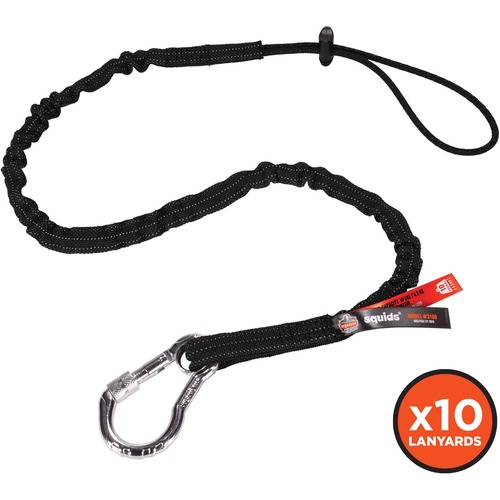 Ergodyne 3100-BULK Single Carabiner Tool Lanyard - 10lbs - 10 lb Load Capacity - Standard - 4" Height x 1" Width x 2" Length - Black - Aluminum, Nylon Webbing - 10 / Carton