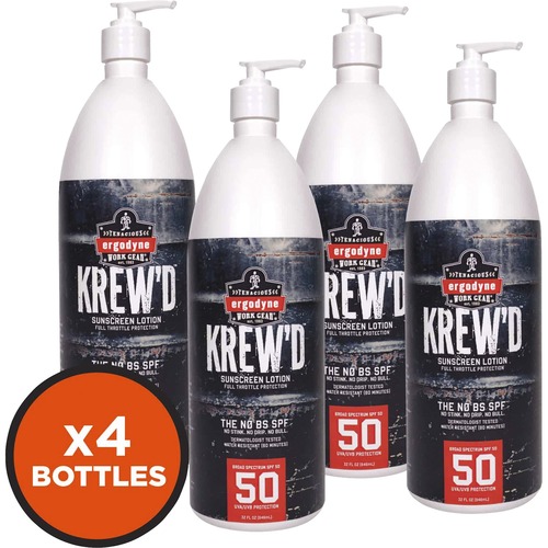 Ergodyne Krewd Sunscreen, SPF 50, 1 Qt, Water-Resistant 80 Min, Sweat-Resistant, Fragrance-Free, Hypoallergenic, 4/CT