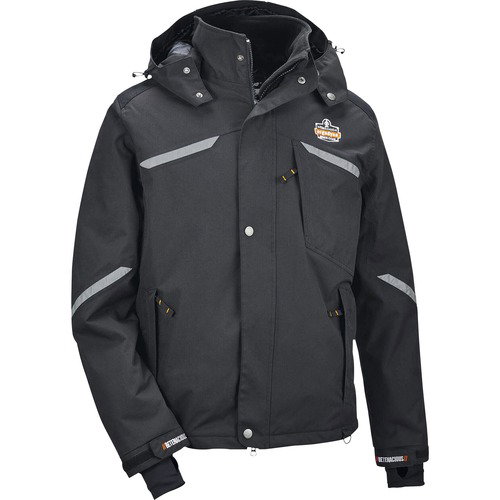 Ergodyne N-Ferno Work Jacket, 3XL, Black Nylon, 3M Thinsulate Insulation, Water-Repellent, Removable Hood, Reflective Accents