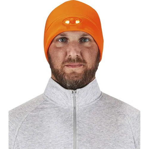Ergodyne Beanie, N-Ferno Skull Cap, Fleece, Orange, 4 LED Lights, 68 Hr Runtime, 72' Beam, Hands-Free Lighting