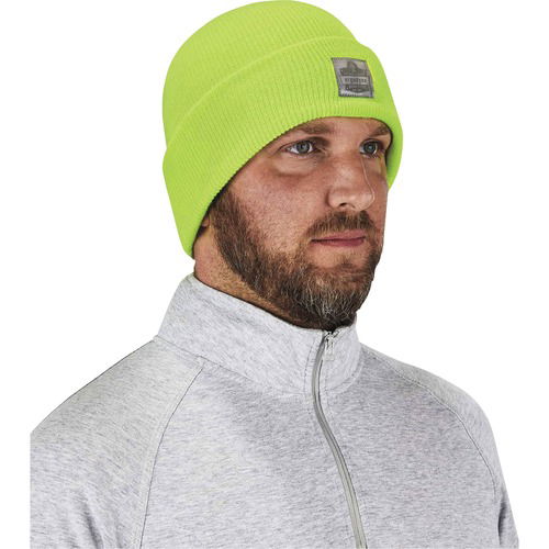 Ergodyne Beanie, N-Ferno Cuffed Rib-Knit, Acrylic, Lime, Reflective Label, 6/CT