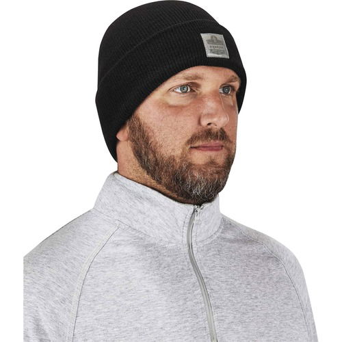 Ergodyne Beanie, N-Ferno, Cuffed Rib-Knit, 3 in Folding Cuff, Acrylic, Black, Reflective Label, 6/CT