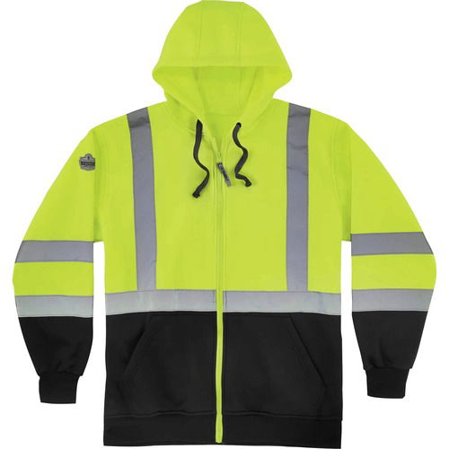 Ergodyne GloWear Zip-Up Hooded Sweatshirt, 2X-Large, Class 3 ANSI/ISEA 107-2015, Hi-Vis Yellow/Black, 2" Reflective Tape