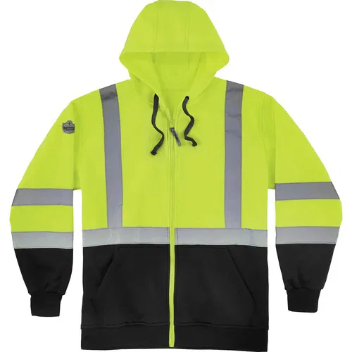 Ergodyne Safety Sweatshirt, GloWear Class 3 Hi-Vis Zip-Up Hooded, Polar Fleece Lined, Yellow/Black, X-Large, 2" Reflective Tape