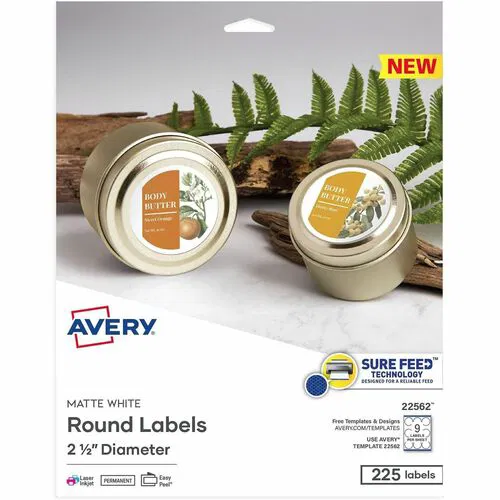 Avery Multipurpose Round Labels, Matte White, 2.5" Diameter, Permanent Adhesive, Inkjet/Laser, 225 Count, 25/PK