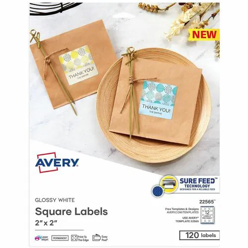 Avery Multipurpose Labels, 2" x 2" Square, Glossy White Paper, Permanent Adhesive, Inkjet/Laser, Sure Feed, 120 Labels, 10/PK