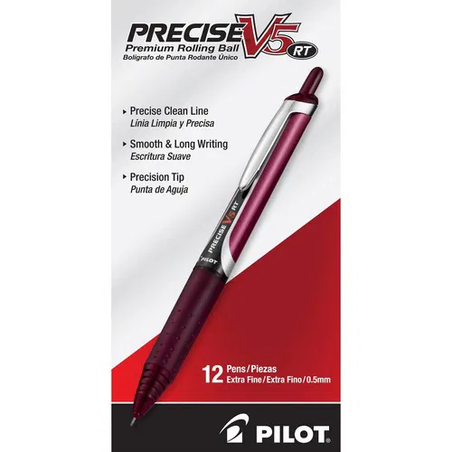 Precise Rollerball Pen, V5 RT, 0.5mm Extra Fine, Retractable, Red Ink, Rubber Grip, Refillable, 12/PK