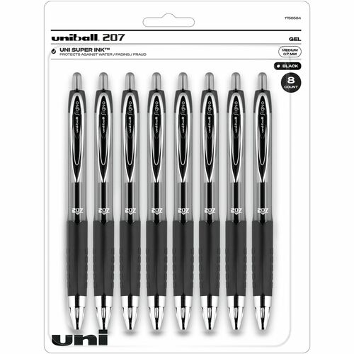 Uni-Ball 207 Gel Pen, Retractable, 0.7 mm Medium Point, Black Gel Ink, Refillable, Translucent Black Barrel, 8/PK