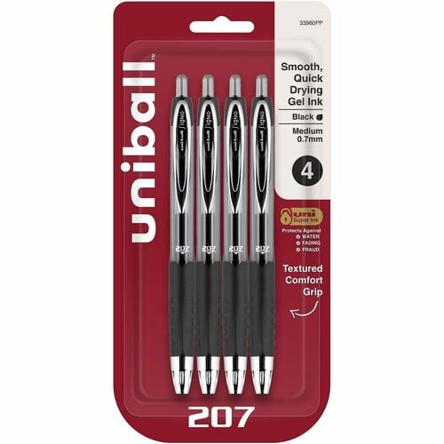 Uniball 207 Gel Pen, Retractable, Refillable, 0.7 mm Medium Point, Black Gel Ink, Super Ink, 4/PK