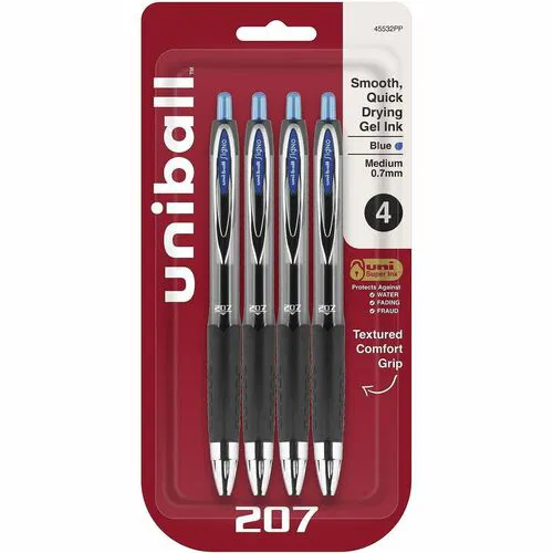 Uni-Ball 207 Gel Pen, 0.7 mm Medium Point, Retractable Refillable, Blue Ink, Tungsten Carbide Tip, 4/PK
