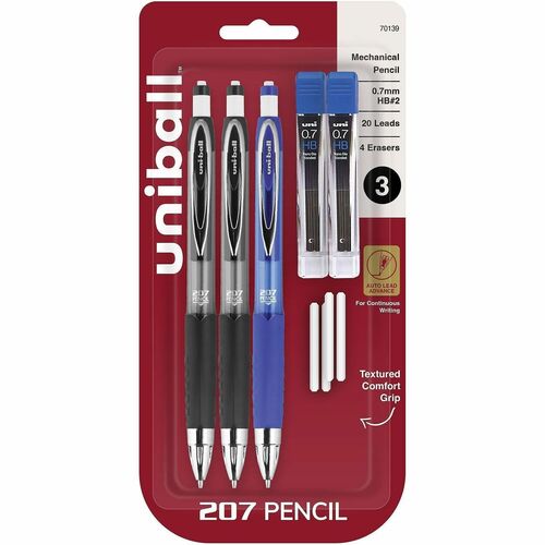 Uni-ball Mechanical Pencils, 207, 0.7 mm HB/#2 Black Lead, Assorted Barrel, Shock-Absorbing Tip, 20 Refills, 4 Erasers, 3/PK