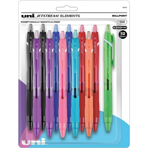 Uni-Ball Jetstream Elements Ballpoint Pen, Retractable, 1 mm Medium, Assorted Ink Colors, Contoured Rubber Grip, 12/PK