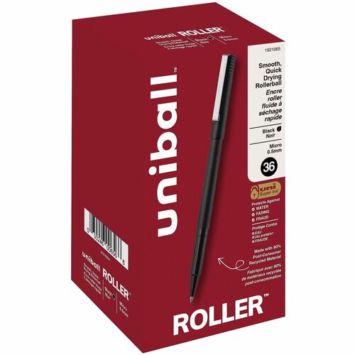 Uniball Classic Rollerball Pen, 0.5 mm Micro Point, Black Liquid Ink, Quick-Drying, Smudge-Proof, 80% Recycled Barrel, 36/PK
