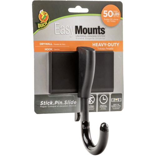 Duck Brand EasyMounts Heavy-Duty Drywall Hook - 50 lb (22.68 kg) Capacity - 3.7" Width x 5.8" Length - for Tool, Garage, Home, Project - Fiberglass - Black - 1 Each