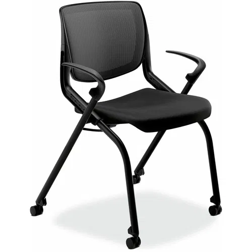 HON Stacking Chair, Motivate, Flex-Back, Fabric Seat, Mesh Back, Fixed Arms, Casters, 300 lb Capacity, Black