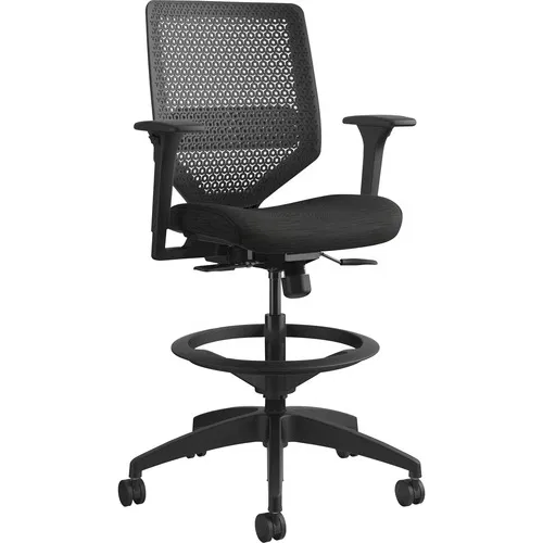 HON Solve Sitting Stool, ReActiv Mesh Back, Adjustable Footring, Adjustable Arms, Pneumatic Height Adjustment, 300 lb Capacity, Casters