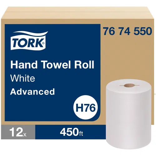 Tork Hand Towel Rolls, H76, 1-Ply, 7.5" x 450 ft, White Textured Wood-Fiber, for Mini Mechanical Dispensers, 12/CT