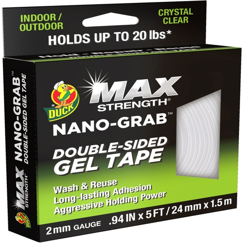 Duck Double-Sided Tape, Max Strength Nano-Grab, 0.94" x 5 ft, Holds 20 lb, Clear Gel, Removable