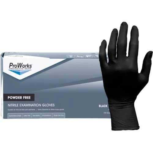 ProWorks Examination Gloves, Black Nitrile, 5 mil, Medium, Textured Fingers, Powder-Free, Latex-Free, Non-Sterile, Beaded Cuff, 100/Box