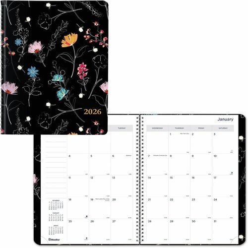 Rediform Essential Weekly/Monthly Planner - Weekly, Monthly - 14 Month - December 2025 to January 2027 - 1 Week, 1 Month Double Page Layout - Twin Wire - Dramatic Floral - Dated Planning Page, Moon Phases, Monthly Planner, Daily Block, Tear-off, Monthly T