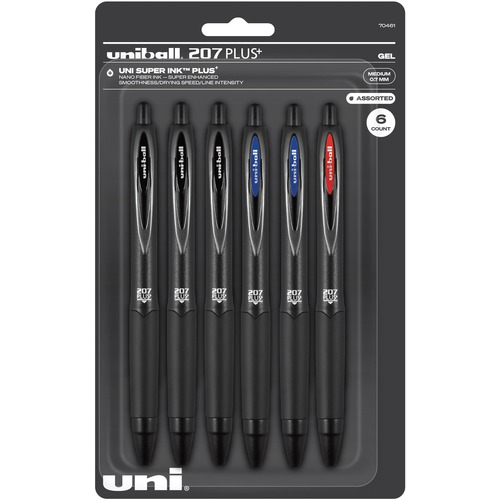 uniball™ 207 Plus+ Gel Pen - Medium Pen Point - Retractable - Assorted Ink - Gel-based - Black Metal Barrel - 6 / Pack