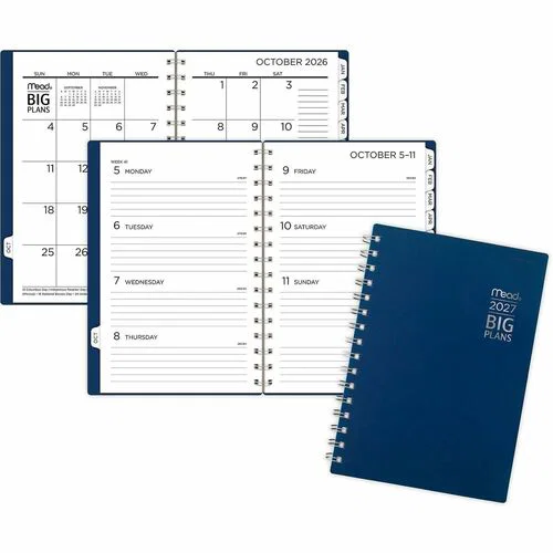 Cambridge 2026-2027 BIG PLANS Weekly Monthly Planner, Navy, Small, 5 1/2" x 8 1/2" - Small - Weekly, Monthly - 24 Month - January 2026 to December 2027 - 1 Week, 1 Month Double Page Layout - 3 1/2" x 6" Sheet Size - White Sheet - Stapled - Blue - Poly - N