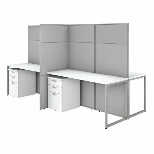 Bush Business Furniture, 4-Person Cubicle Desk Set, Easy Office, 60" W x 24" D, 66" H Panels, 4 Mobile 3-Drawer File Cabinets