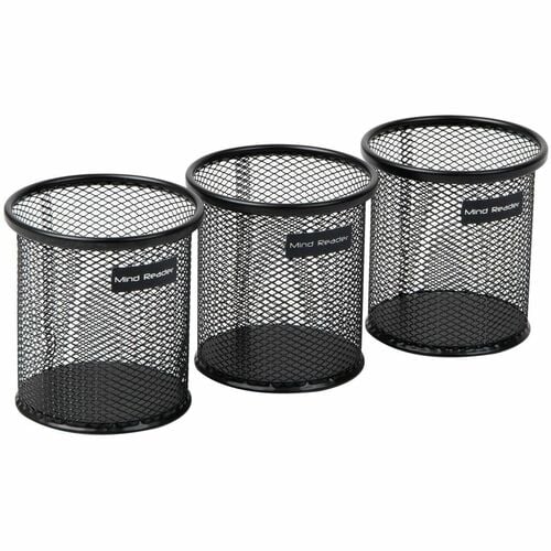 Mind Reader Desk Organizer Set, Round Metal Mesh, 3.5" W x 3.8" H, Black, 3/PK