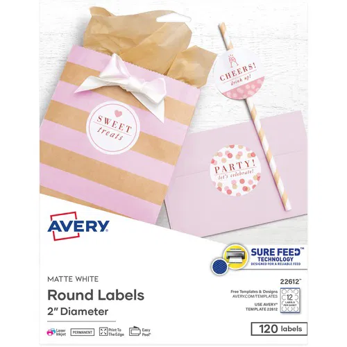 Avery Easy Peel Multipurpose Label, Round 2" Diameter, Permanent Adhesive, Matte White, Inkjet/Laser Compatible, 12/Sheet, 10/PK