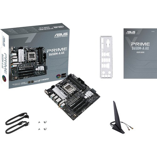 Asus Prime B650M-A AX Desktop Motherboard - AMD B650 Chipset - Socket AM5 - Micro ATX - Ryzen Processor Supported - 128 GB DDR5 SDRAM Maximum RAM - DIMM, UDIMM - 4 x Memory Slots - Gigabit Ethernet - IEEE 802.11 a/b/g/n/ac/ax - HDMI - DisplayPort - 8 x SA