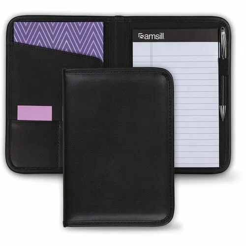 Samsill Letter Pad Folio - 8 1/2" x 11" - 4 Internal Pocket - Synthetic Leather, Polyvinyl Chloride (PVC) - Black - Padded, Stitched, Pen Loop, Notepad, Document Pocket, Business Card Holder, Refillable - 0% Recycled - 1 Each
