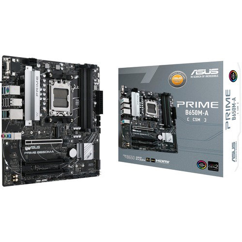 Asus Prime B650M-A-CSM Desktop Motherboard - AMD B650 Chipset - Socket AM5 - Micro ATX - Ryzen 7 Processor Supported - 128 GB DDR5 SDRAM Maximum RAM - DIMM, UDIMM - 4 x Memory Slots - Gigabit Ethernet - HDMI - DisplayPort - 4 x SATA Interfaces
