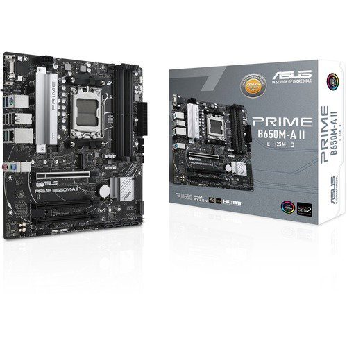 Asus Prime B650M-A II-CSM Gaming Desktop Motherboard - AMD B650 Chipset - Socket AM5 - Micro ATX - Ryzen 7 Processor Supported - 128 GB DDR5 SDRAM Maximum RAM - DIMM, UDIMM - 4 x Memory Slots - Gigabit Ethernet - HDMI - DisplayPort - 4 x SATA Interfaces